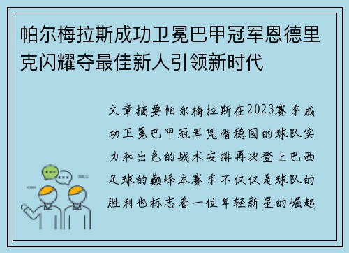 帕尔梅拉斯成功卫冕巴甲冠军恩德里克闪耀夺最佳新人引领新时代 帕尔梅拉斯成功卫冕巴甲冠军恩德里克闪耀夺最佳新人引领新时代