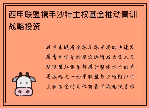 西甲联盟携手沙特主权基金推动青训战略投资